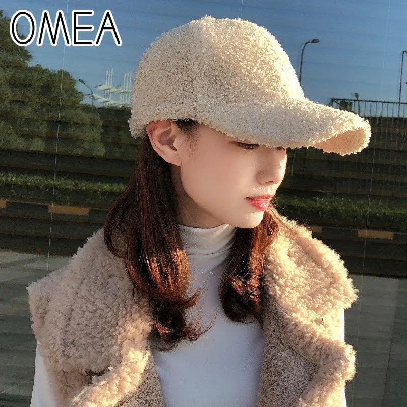 OMEA Lambs Wool Baseball Hat Women Curly Teddy Hair Snapback Cap Pink Hats Adjustable Visor Hat Winter Suede Cap Elegant Fashion