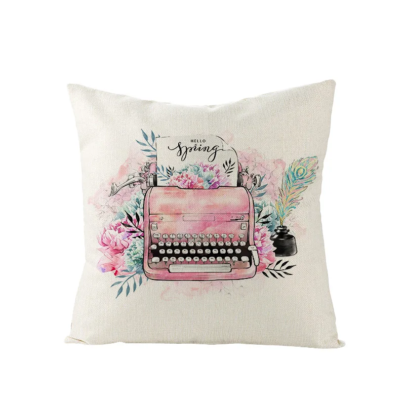 Nordic Style 45x45cm Square Linen Pillowcase Spring Farmhouse Home Decor Cushion Cover Pink Flower Bicycle Printed Pillow Cover