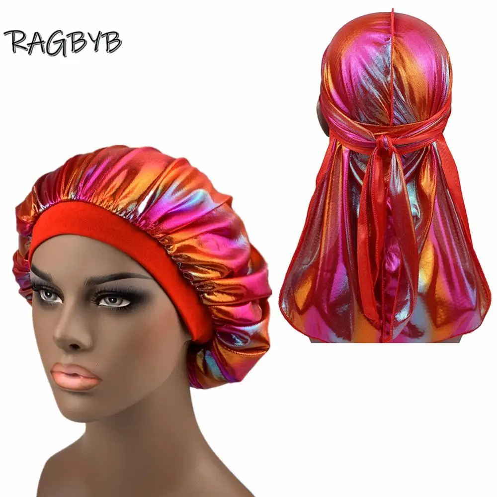 Unisex Glitter Silk Durag Matching Bonnet Set Men Silky Durag Bandanas Bonnet for Women Sleep Cap Wave Hair Cap Head Scarf Durag