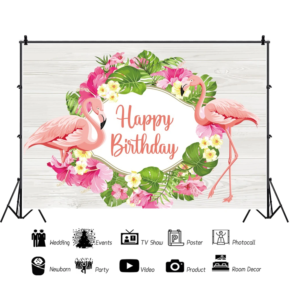 Laeacco Flamingo tropikalne rośliny kwiat fotografia tło wszystkiego najlepszego z okazji urodzin deski drewniane dziecko dostosowane tło Photocall
