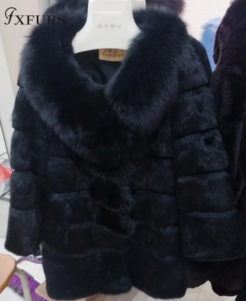 Fxfurs casacos longos de pele de coelho rex e listras com gola de pele de raposa, casaco longo e quente para o inverno feminino casual russo, novo, 2020