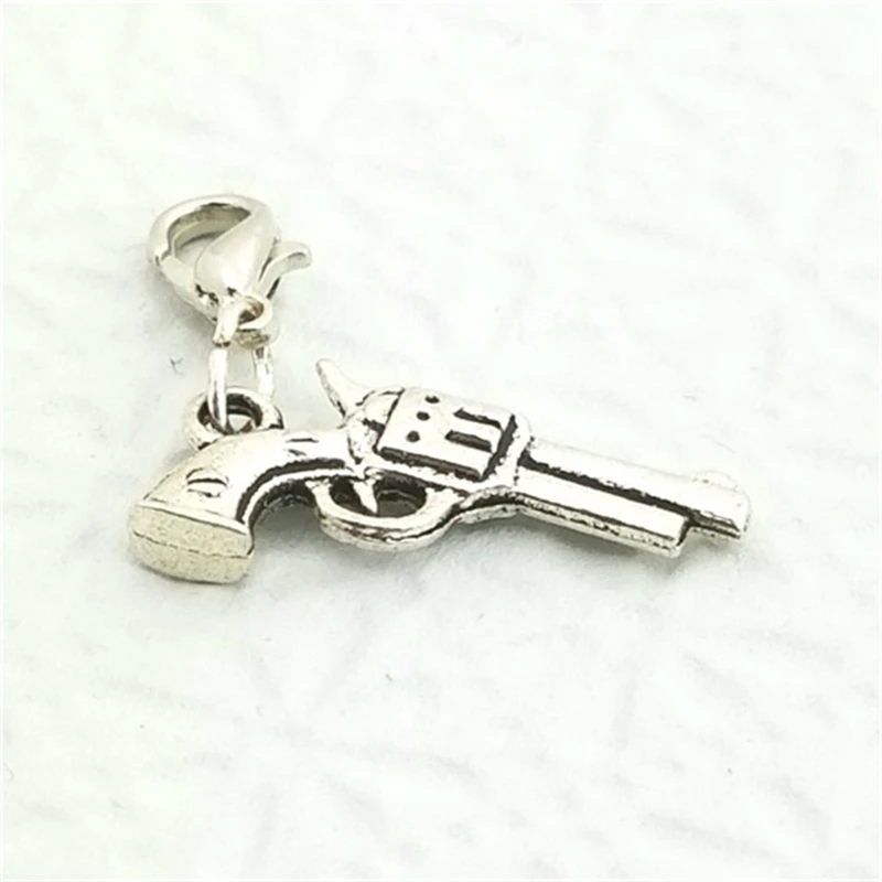 2pcs Antique Silver Color Revolver Charm, 3D Gun Charm, Pistol Zipper Pull, Hand Gun Charm on Lobster Clasp for Diy