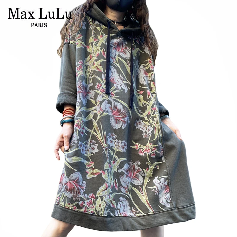 Max LuLu Autumn 2021 Vintage Printed Hooded Dress Women Casual Loose Vestidos Female Harajuku Floral Punk Fitness Long Clothes