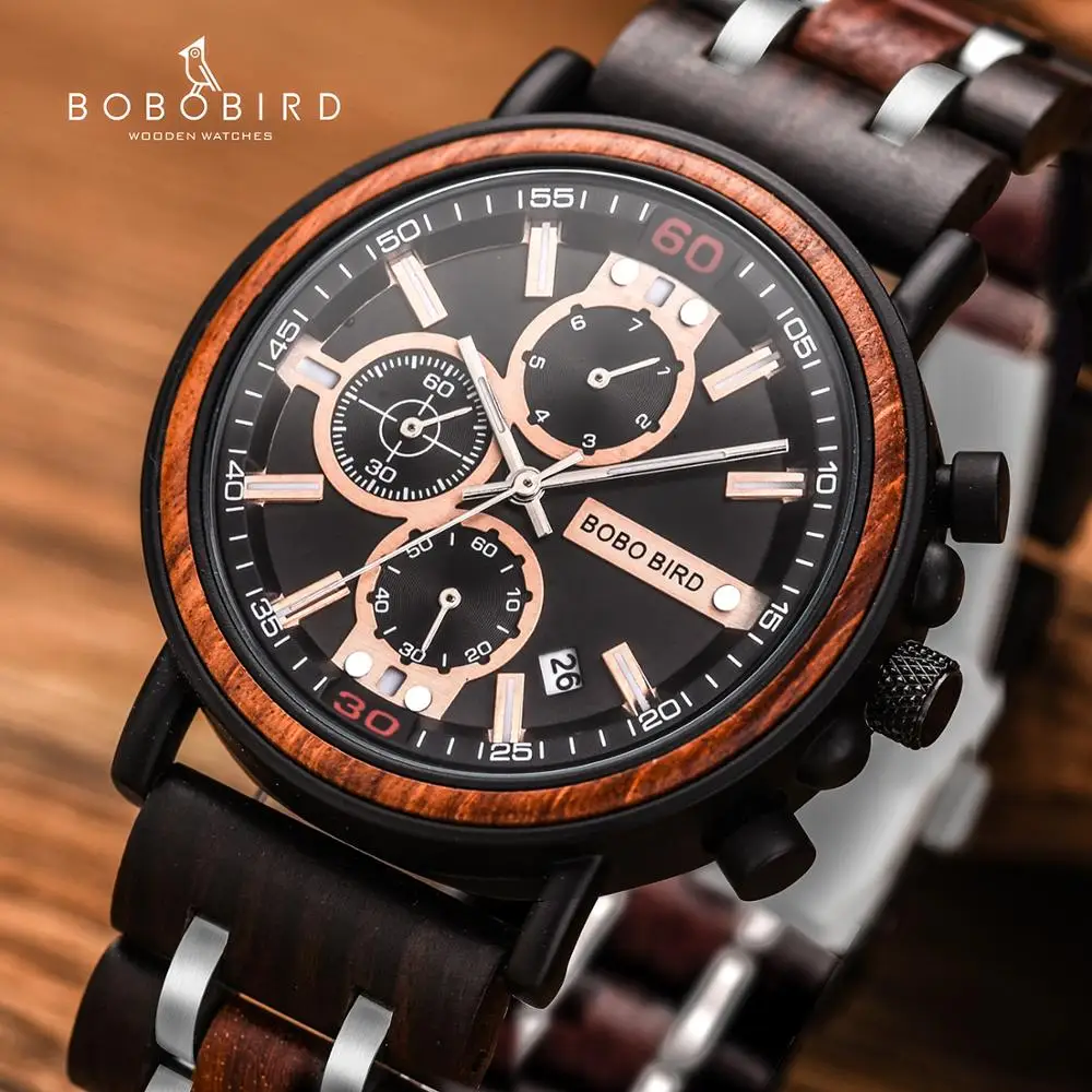 BOBO BIRD - montre militaire boisée pour hommes, montres couleur bois masculines, montres militaires chronographes stylisées Deluxe et de marque