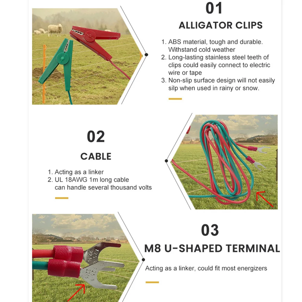 Electric Fence Accessory / Energizer Output Lead Set with Red & Green Alligator Clips 1m Length Wire—Pack of 1