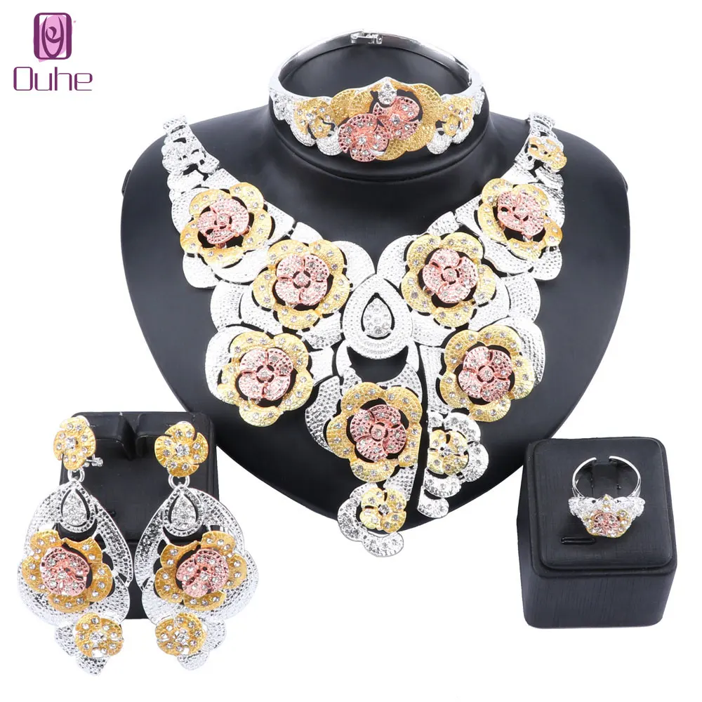 

Dubai Bridal Jewelry Sets Flower Crystal Statement Necklace Earring Bangle Fashion Charm African Wedding Nigeria Jewelry Set