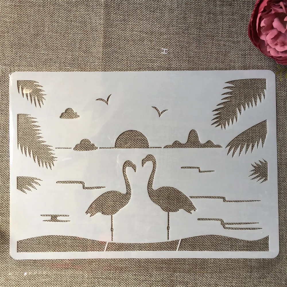 1Pcs A4 29cm Lake Flamingo Couple DIY Layering Stencils Wall Painting Scrapbook Coloring Embossing Album Decorative Template