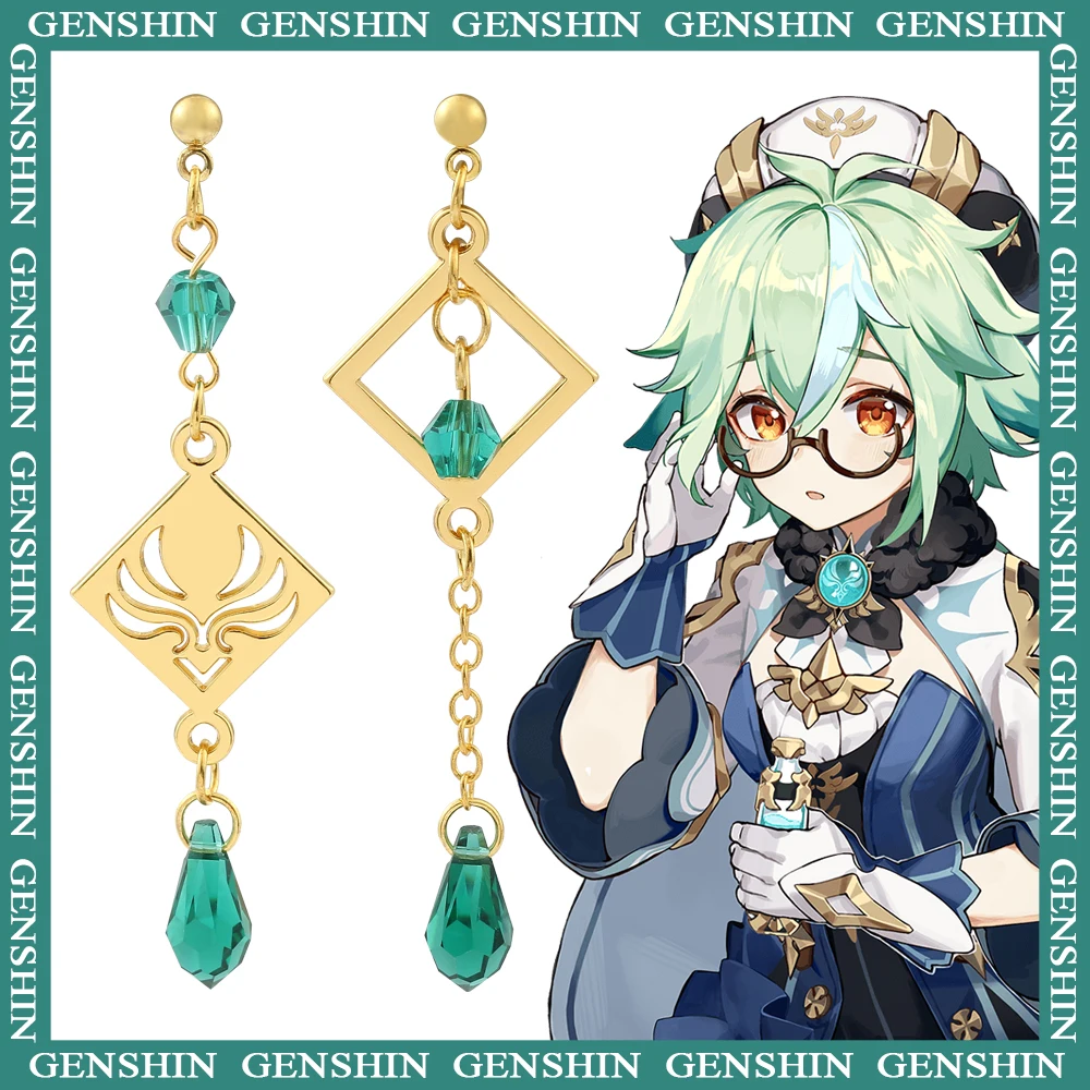 Irregular Genshin Impact Earrings Rhombus Wind Badge Green Crystal Stone Pendant Female Long Eardrop Game Fans Collection Jewelr