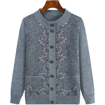 Oma mittleren Alters Herbst stricken Strickjacke Jacke Mode lose Langarm Taschenpullover Mantel einreihige warme Oberbekleidung