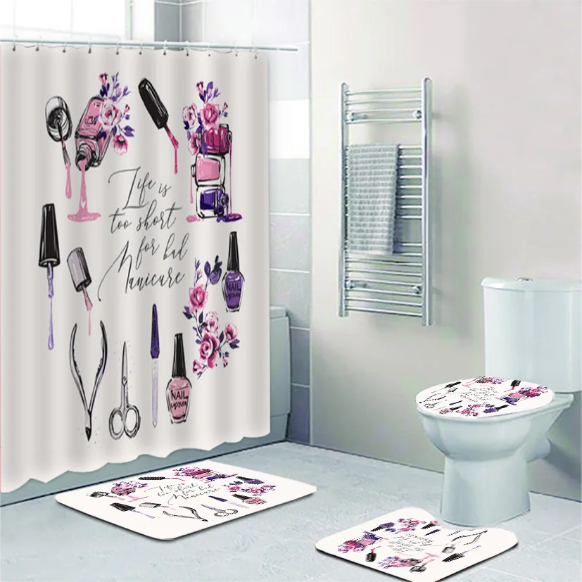 Funny Quote Nail Salon Shower Curtain Set Life is Too Short for Bad Manicure Bathroom Curtain and Mat Beauty Salon Make Up Decor