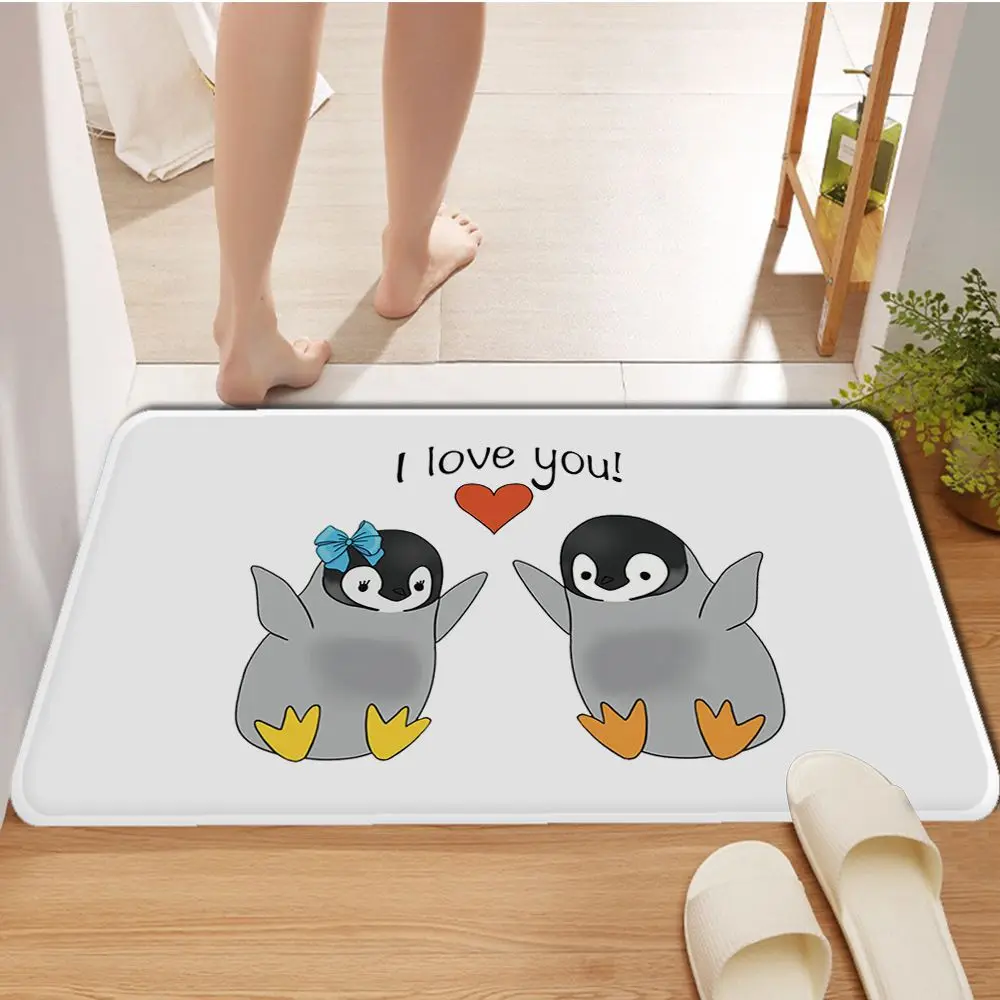 Cartoon Penguin Printed Flannel Floor Mat Bathroom Decor Carpet Non-Slip For Living Room Kitchen Welcome Doormat