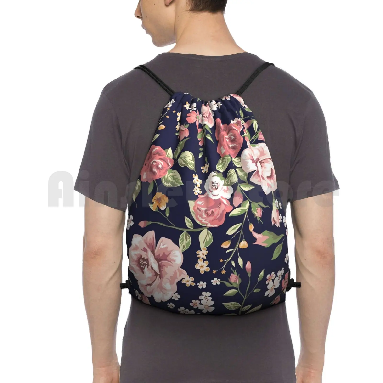 Floral Backpack Drawstring Bag Riding Climbing Gym Bag Floral Flower Allover Dark Blue Roses Vintage Trend Beige Luxury