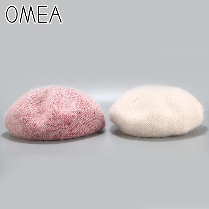 OMEA Angora Rabbit Hair Hat Winter Knitted Women Berets Hat Solid Color French Hat Berets Caps for Women Warm Beanie Beret 2019