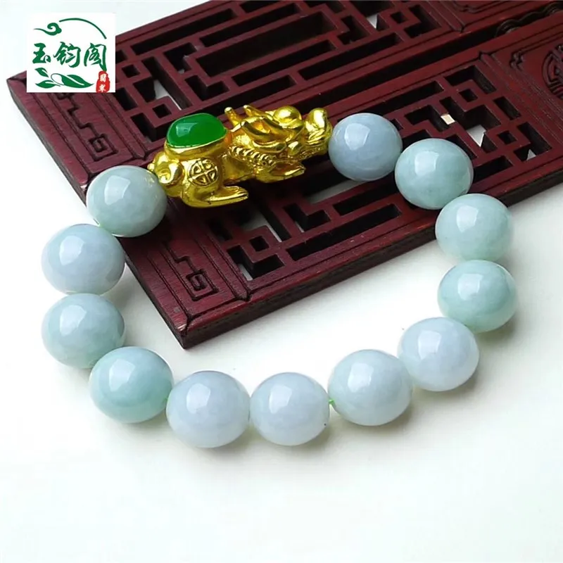 12mm Natural Burma jadite Jade Bangle Mala Bead Golden brave troops Amulet