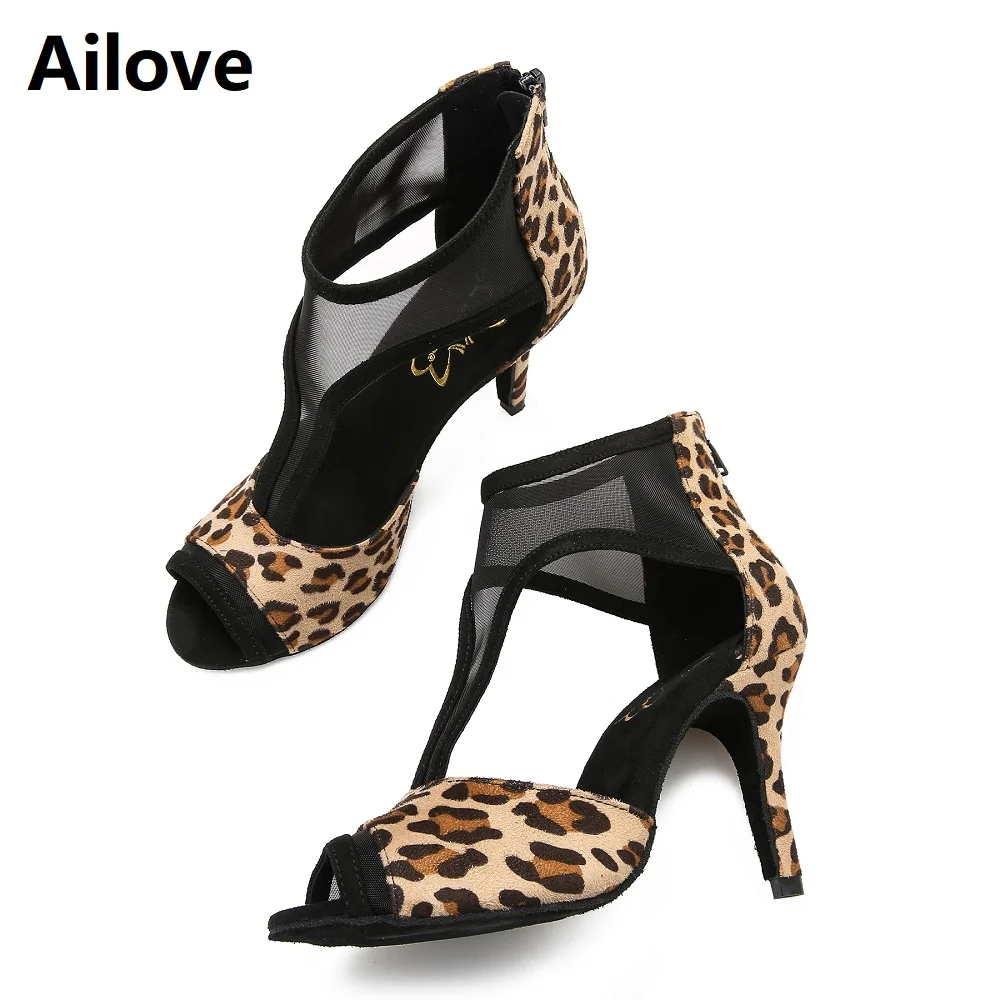 Social Ballroom Dance Boots Women`s Latin Salsa Tango Dancing Shoes with Leopard Grain Velvet Smooth and comfort to Touch S065