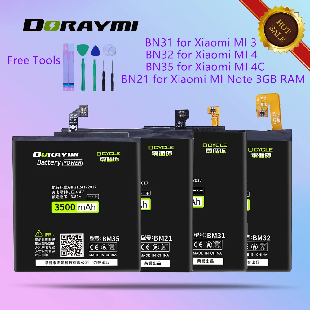 DORAYMI BM21 BM31 BM32 BM35 Battery for Xiaomi Mi 3 4 4C Note 3GB Mi3 Mi4 Mi4C Phone Batteries Replacement Bateria+Tools