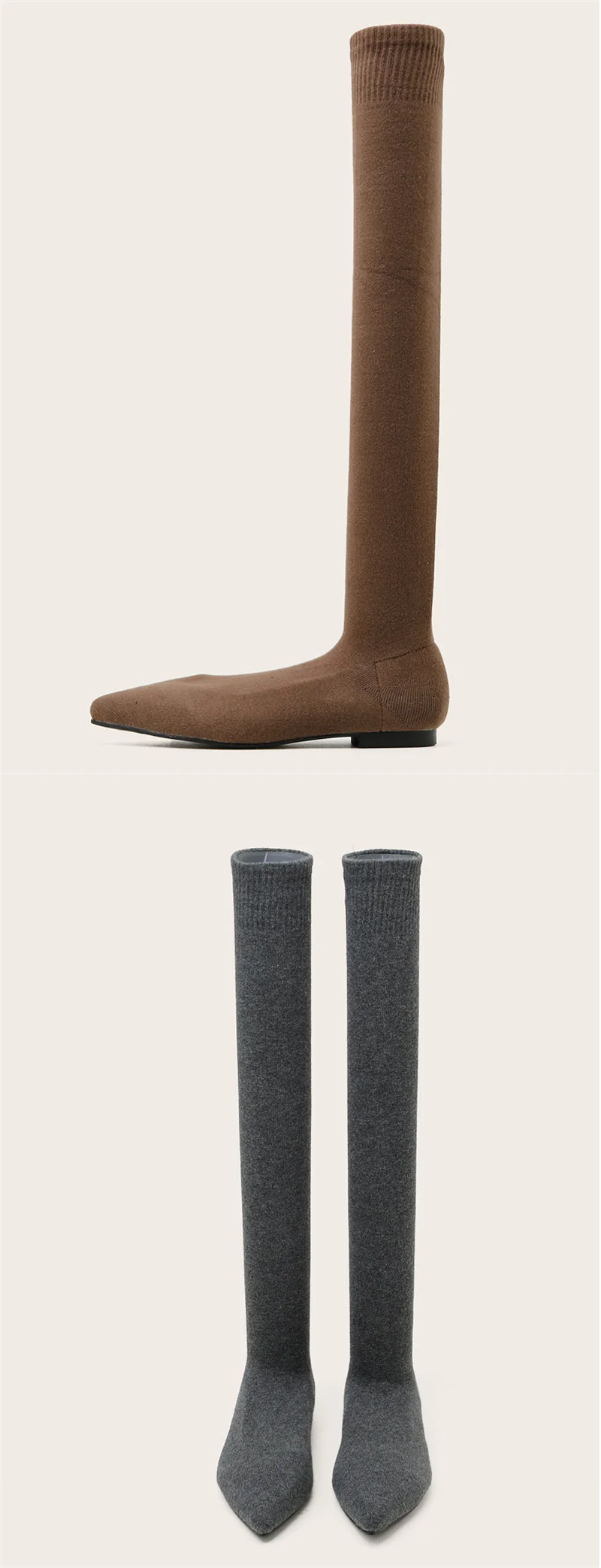 Size 34-40 Fashion Slim Leg Thigh High Sock Boots Women Black Stretch Fabric Pointed Toe Flat Heels Over The Knee Slip On Shoes