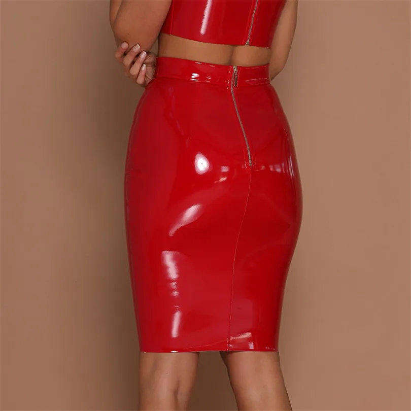 LJCUIYAO Shiny Skirts For Women Black PU Leather Bodycon Long Pencil Skinny High Waist Office Lady Clubwear Zipper Knee Length