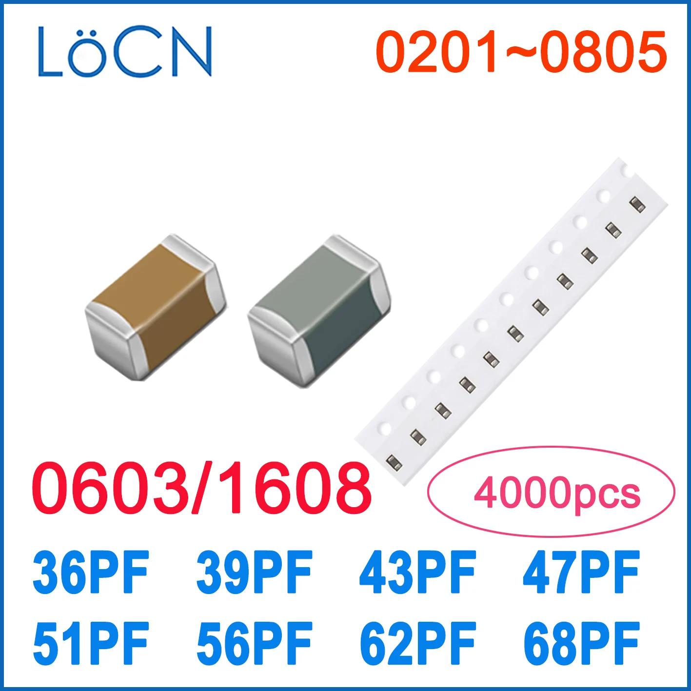 4000 шт. 0603 COG/NPO 36PF 39PF 43PF 47PF 51PF 56PF 62PF 68PF RoHS 50V 1608 конденсатор высокого качества