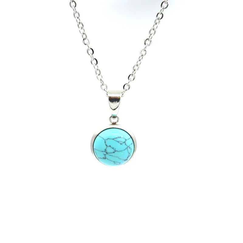 12MM Natural Stone Pendant Stainless Steel Chain Druzy Opal Blue Pink Crystal Collar for  Women Men Gift