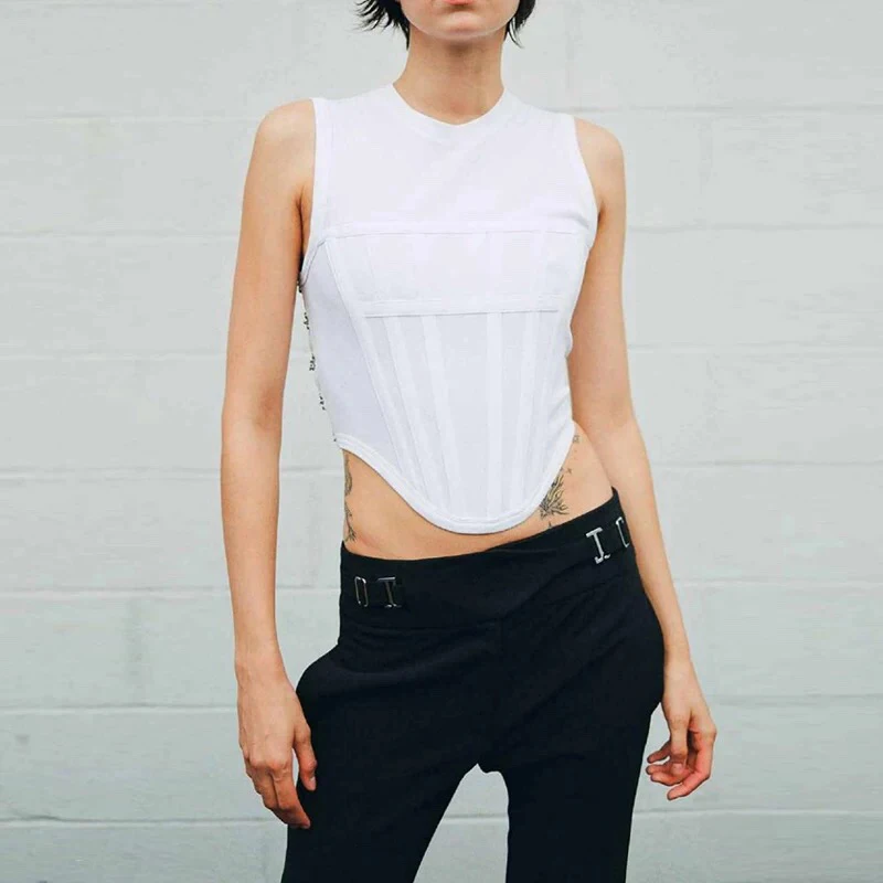 CHICEVER Casual Knitted T Shirt For Women Round Collar Sleeveless Solid Fold Pleated Minimalist T Shirts Female Korean Fashion