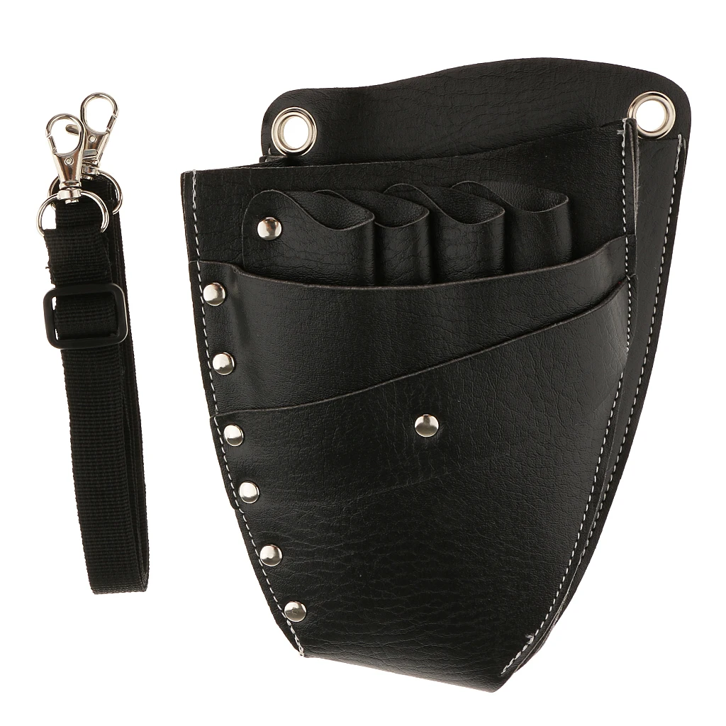 PU Leather Hair Scissor Holster Pouch with Waist Belt for Hairdressers Barber, Black