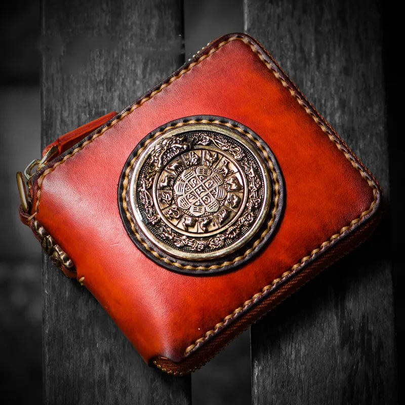 

Reddish Brown Short Cow Leather Delicate Pendant Wallets Purses Women Metal Disk Vegetable Tanned Leather Wallet Card Holder