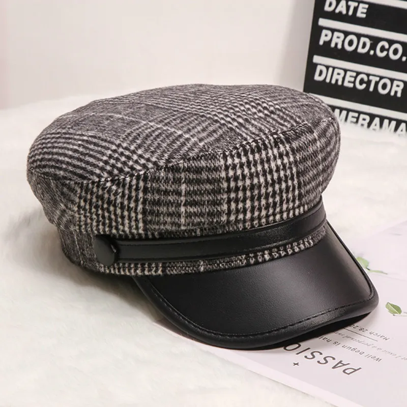 

H748 Women Beret Hat Flat Top Plaid Vintage Navy Cap Girl Autumn Winter Korean High Quality Fashion Casual College Style Hats