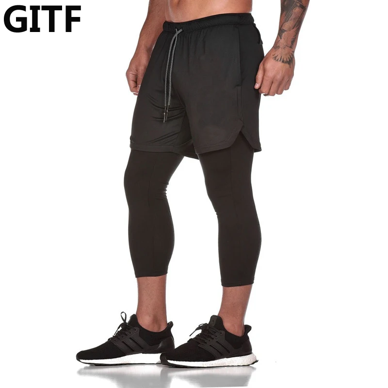 GITF New Sporting Pants Men Elastic Breathable Two Piece Running Training Pants Gyms Ankle-Length Pants Quick-drying Men Pants