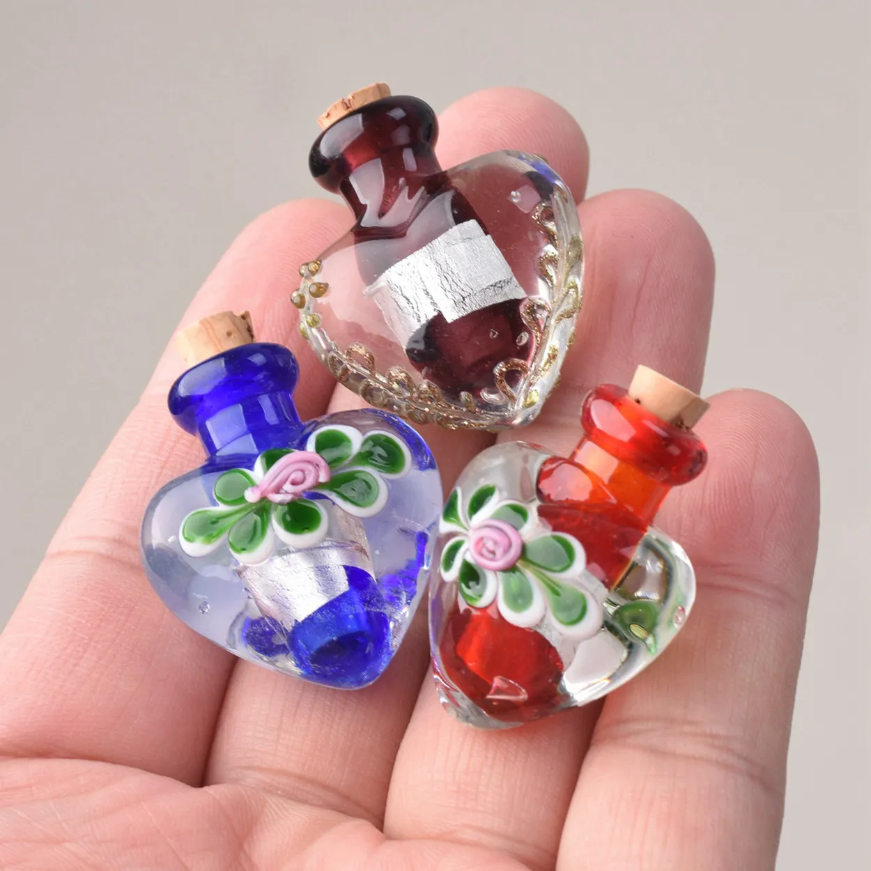 27x25mm Heart Shape Handmade Lampwork Glass Empty Bottle for DIY Necklace Pendant Essential Oil Diffuser Perfume Bottle