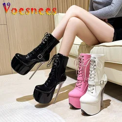 Fashion Women Shoes 19CM Super High Heel Mid-Calf Boots Plus Size Transparent Heel Short Boots Buckle Strap Zip Nightclub Heels