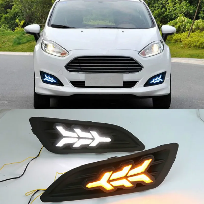 1Pair for Ford Fiesta 2013 2014 2015 2016 LED Daytime Running Light LED DRL Fog lamp cover Yellow Turning signal Lights