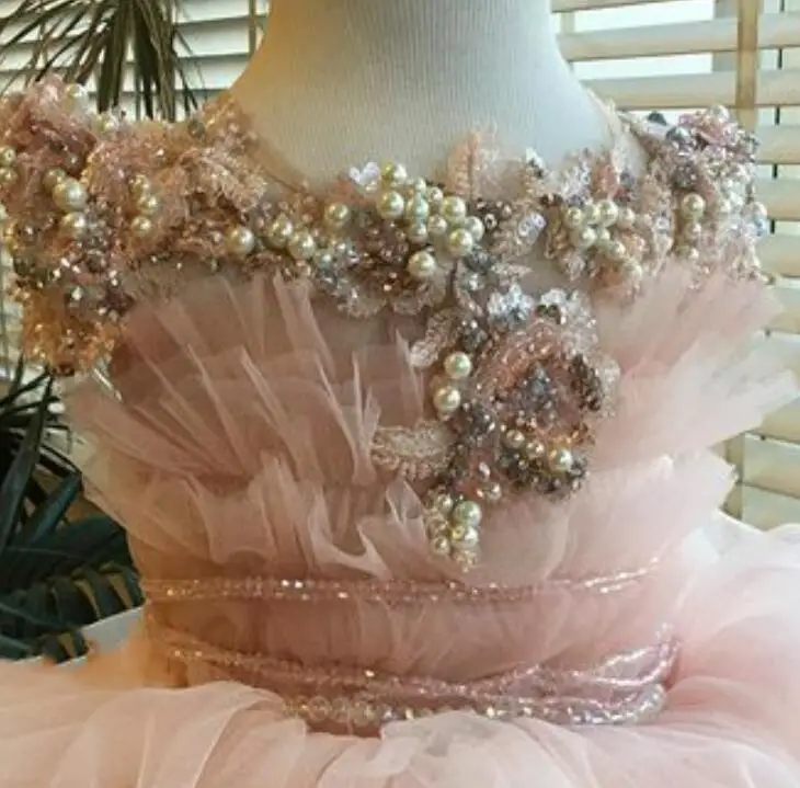 Luxury Pink Pearls Flower Girl Dresses For Wedding High Low Ruffles Beaded Applique Baby Birthday Dress Girls Pageant Ball Gowns