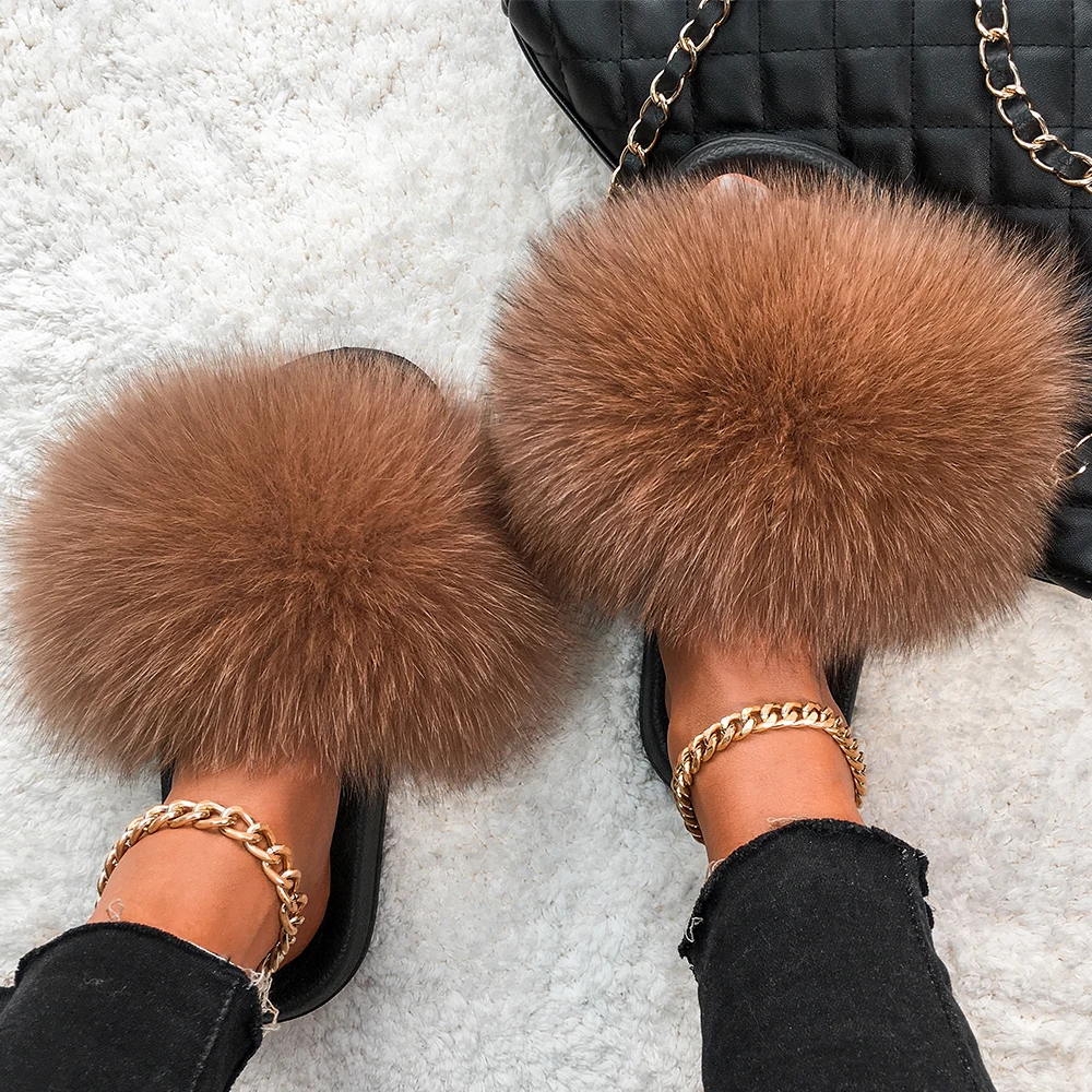 ETHEL ANERSON 2021 Newest Slippers Real FOX/Raccoon Fur Slides Indoor Flip Flops Casual High Quality Sandals Fluffy Plush Shoes