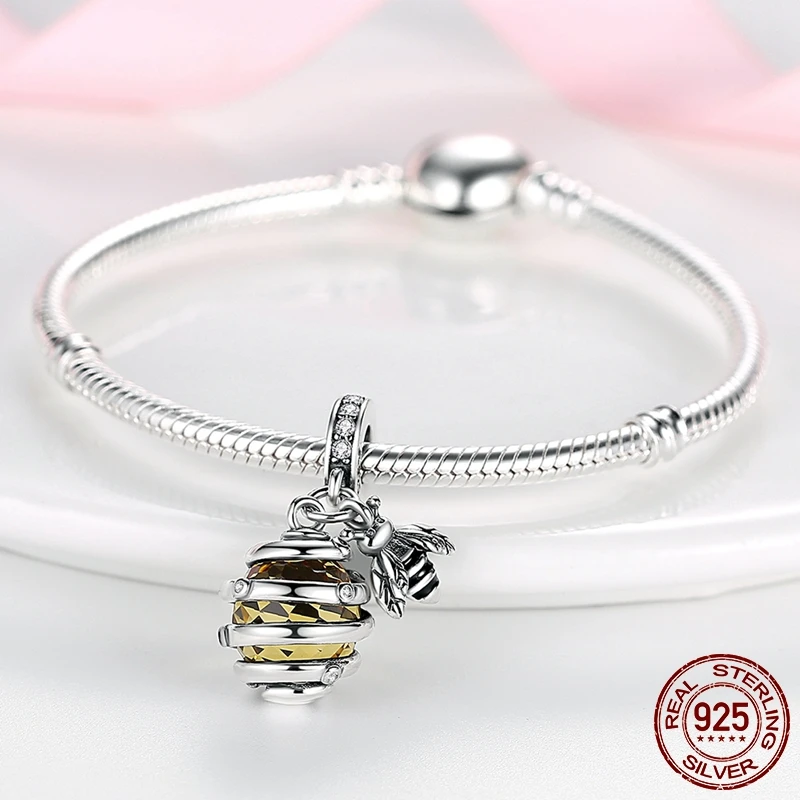 Bienen-Anhänger aus 925 Silber, Waben-Bienen-Charm-Anhänger, Passend für Original-Marken-Perlenarmbänder, DIY Silberschmuck-Herstellung – Detail 3