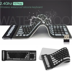 Dobrável Silicone Teclado Sem Fio, USB, Flexível, Impermeável, Fino, Universal, Silencioso, Roll Up Keypad para PC, Laptop, 2.4G