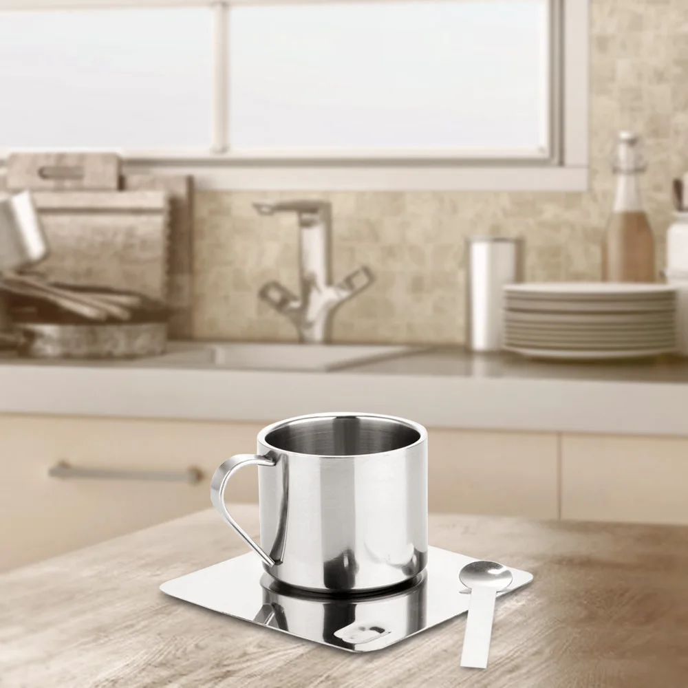 Household Stainless Steel Coffee Tea Cup With Saucer Spoon Double Wall Hot Cold Drinks Thermal Mugs Latte Cappuccino Milk Cup