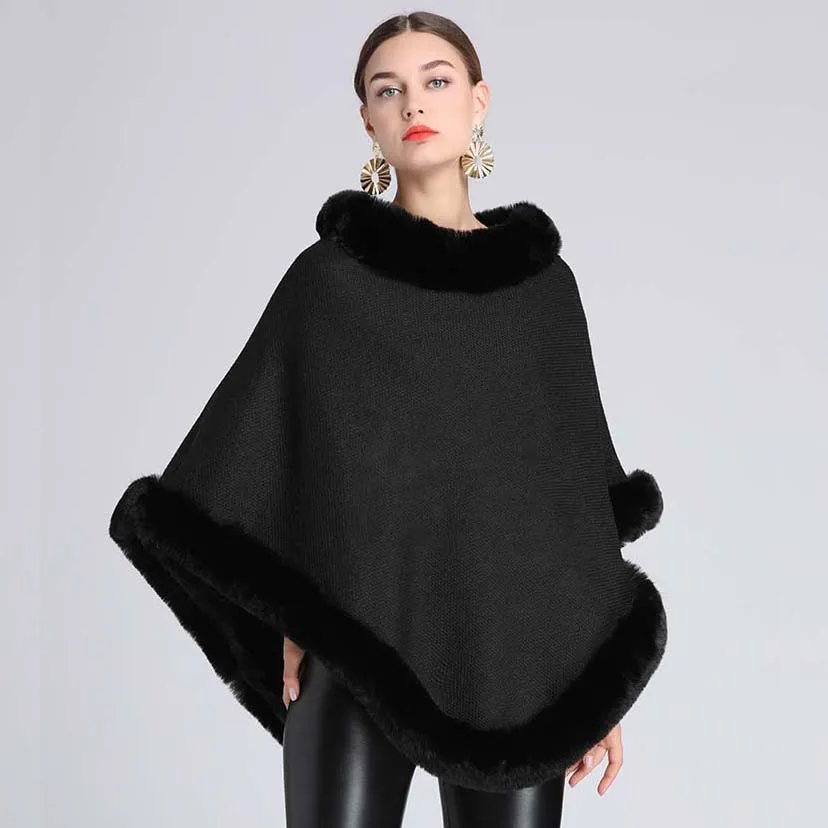 

Simple Fashion Faux Fur Trims Pullover Poncho Woven Thicken Lining Coat Women Winter Cape Cloak