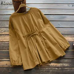 ZANZEA Elegant Ruffles Blouse Women Autumn Shirt Casual O neck Long Sleeve Tops Female Solid Cotton Blusas Chemise Femininas