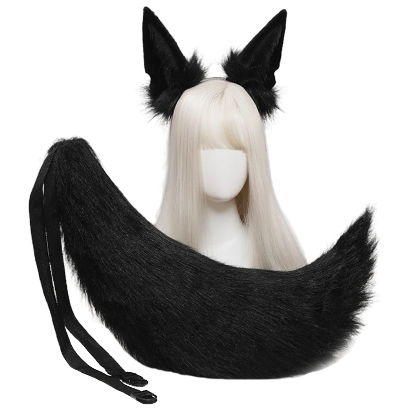 F3MD fasce per animali in pelliccia sintetica orecchie di lupo pelose animali copricapo coda Set cerchio per capelli Kawaii per Halloween forniture per feste Cosplay