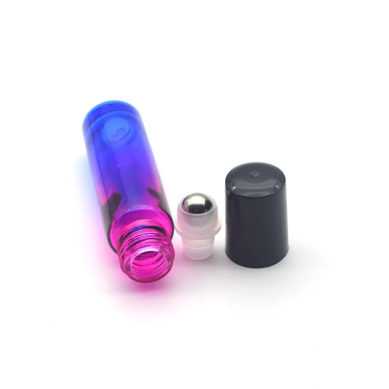 20pcs 10cc Roller Glass Vial Gradient Red-blue Empty Fragrance Perfume Essential Oil 10ml Roll on Bottle Black Plastic Cap