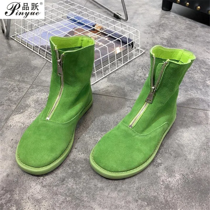 Women Fashion Genuine Leather Winter Mid-calf Boots Women side-Zipper Candy-colored Boots Size 35-40