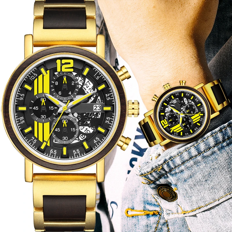 

relogio masculino Gold Luxury Men Watch Metal Wooden Chronograph Wristwatch Quartz Timepiece Custom Steel Dial Christmas Gift