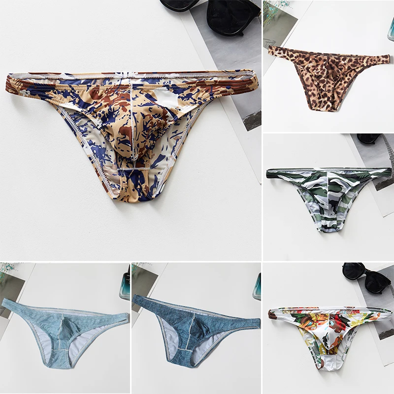 Men\'s Sexy Low Waist Print Breathable Briefs Smooth Elastic Ice Silk Underpants Bikini Mens Underwear Exotic Sexy Lingerie New