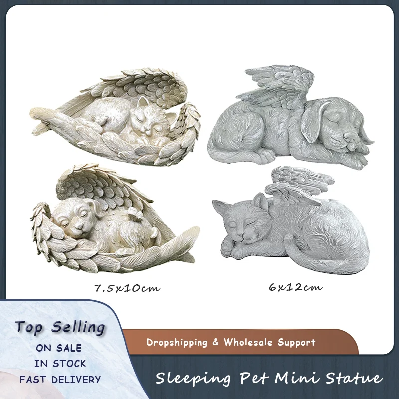 Sleeping Angel Dog Cat with Wings Decoration Resin Pet Memorial Statue Sculpture Garden Outdoor Decoration