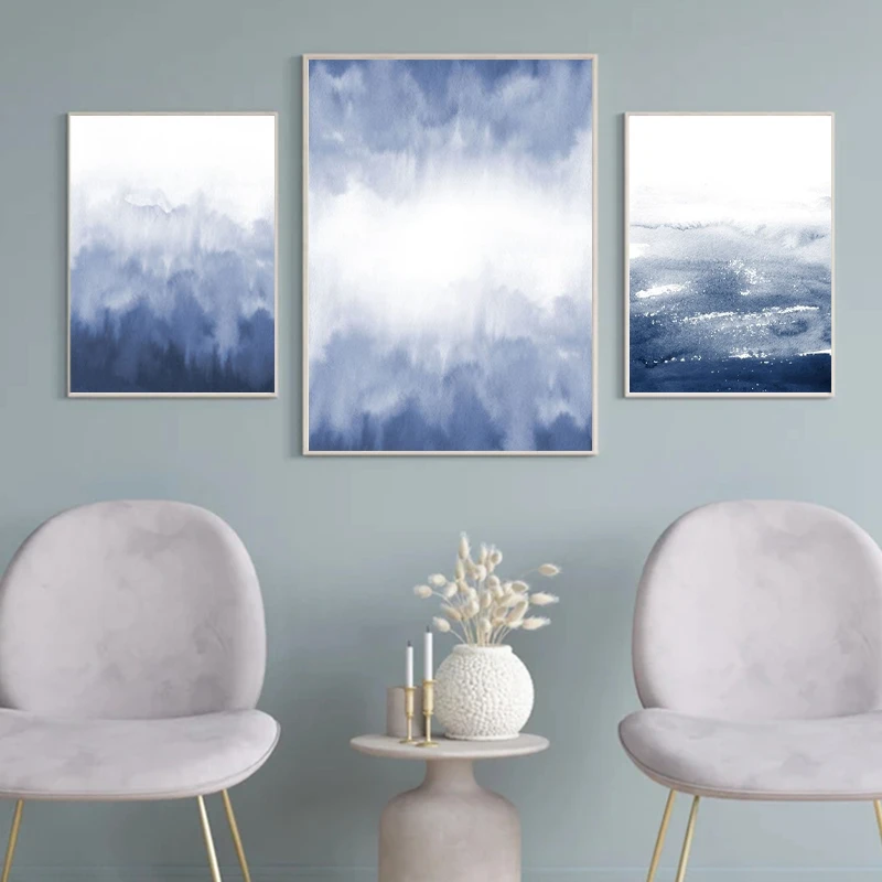 Blue Watercolor Abstract Painting Indigo Wall Pictures Ocean Coastal Wall Art Canvas Print Nordic Posters Living Room Wall Decor