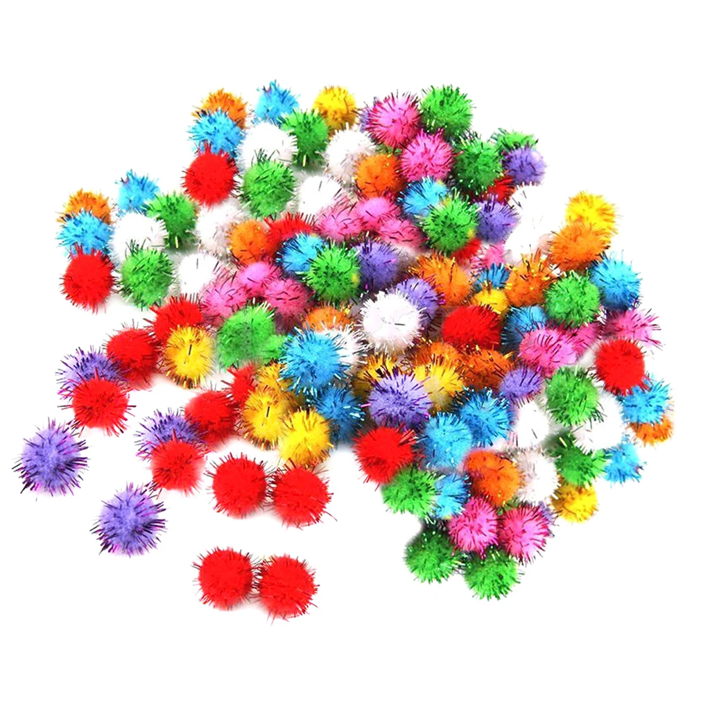 100Pcs Sparkly Glitter Tinsel Pompom Balls Small Pom Pom Ball Cat Toys 15mm