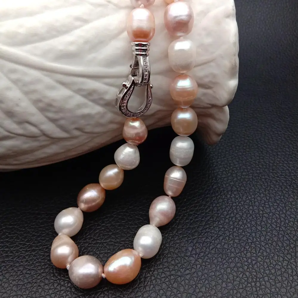 natural Freshwater Pearl Pink Purple White Rice Mixed Color Pearl Choker Necklace cz pave clasp For Women Girl Jewelry Gift