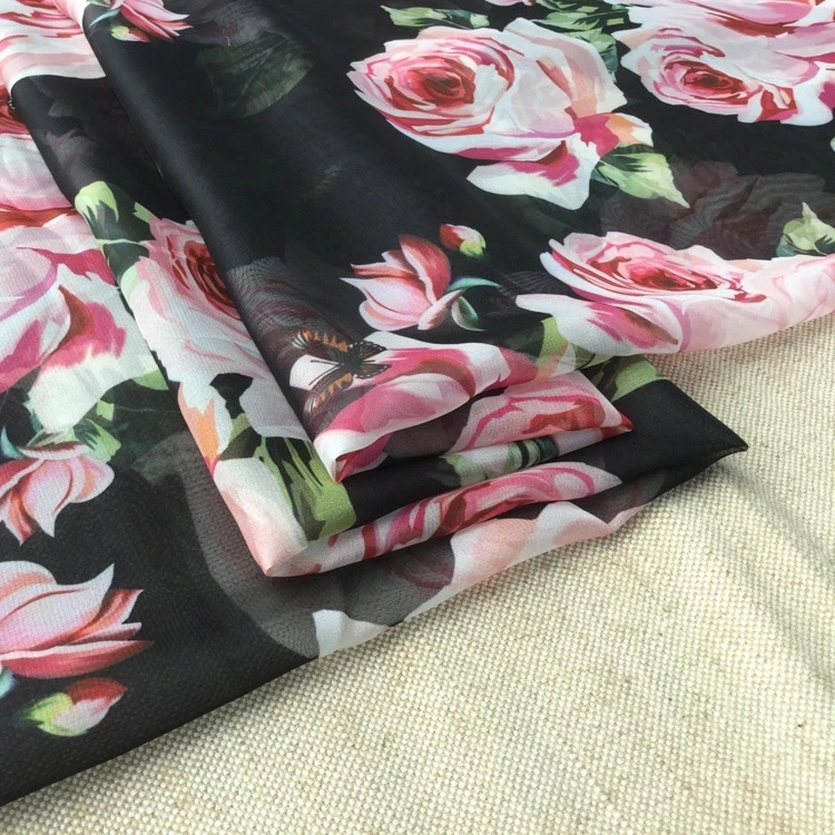 145cm Width Romantic Roses Butterfly Printed Thin Transparent Chiffon Fabric for Woman Girl Summer Long Dress DIY Sewing