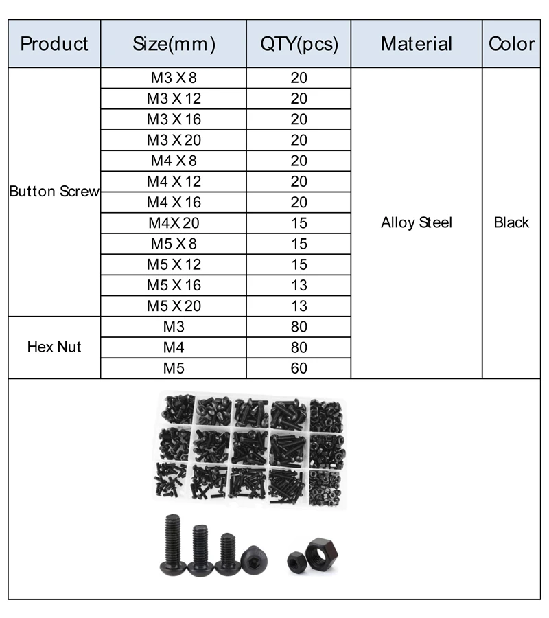 Hex Socket Screw Set M3 M4 M5 431pcs Machine Bolts and Nuts Black 10.9 Grade Hexagon Round Head Screw Nut Assortment Kit